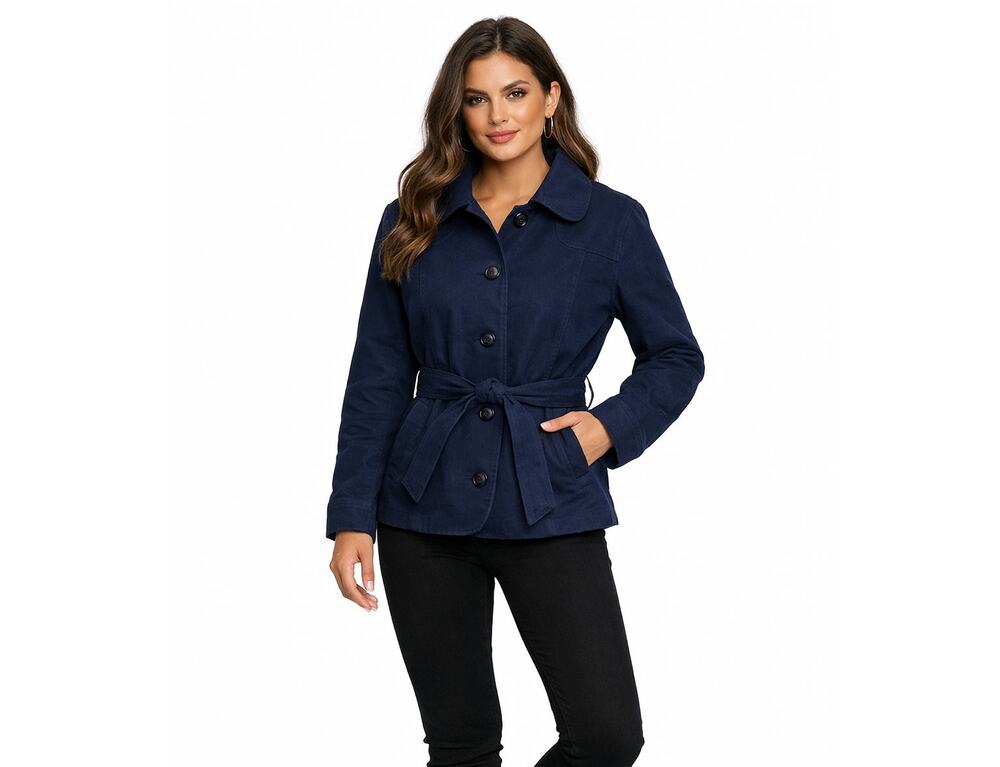 L. L. Bean Cotton Peacoat Sz Medium Midnight Blue Tie Waist Round Collar Jacket